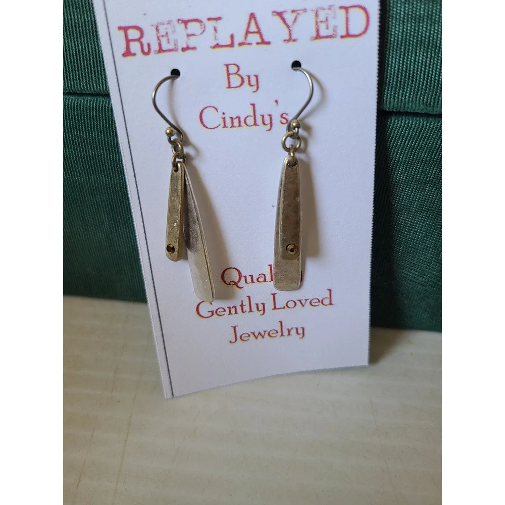Two Toned Hammered Silver And Gold Tone Dangle Earrings Crystal Accent